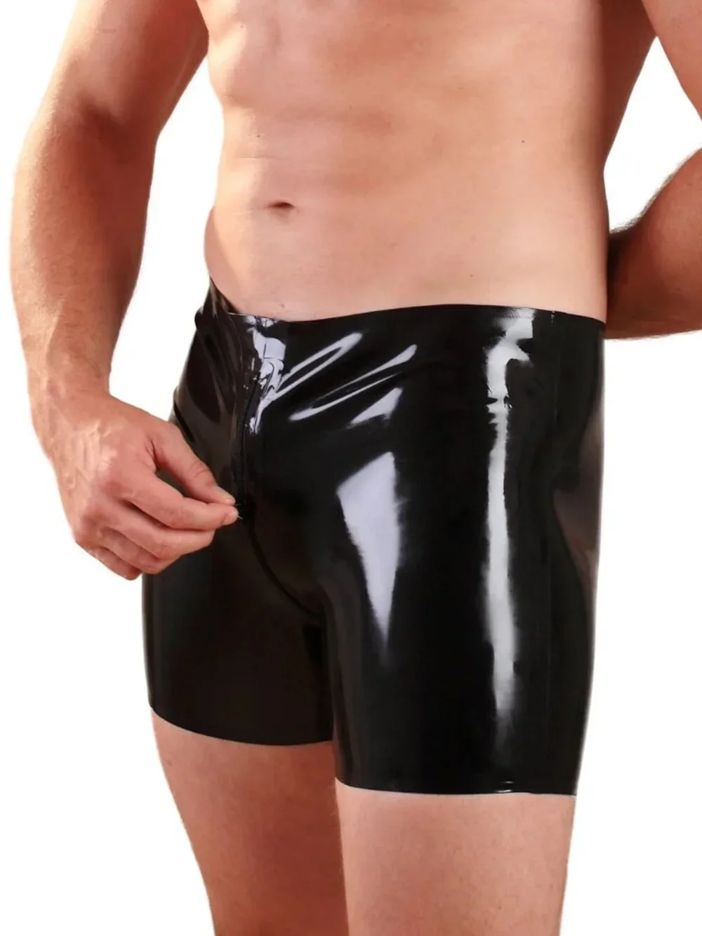 Men's Latex Rubber Boxer Shorts With 2-way Thru Zip Honour, New Black L